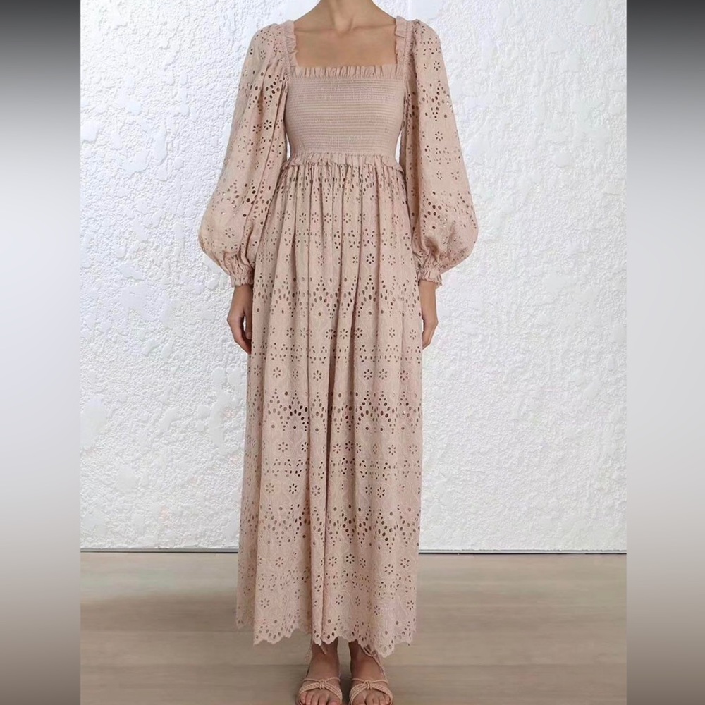 ZIMMERMANN Bayou Blouson Broderie Anglaise Cotton Blend Beige Dress1 S